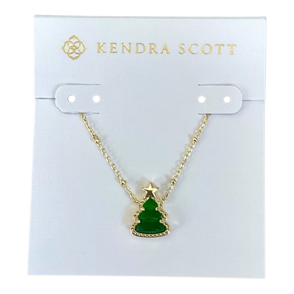 Kendra Scott Christmas Tree Pendant Necklace Gold Tone Green